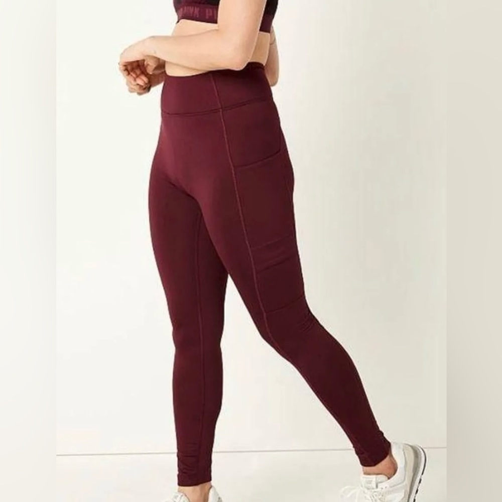 PINK Active Maroon Varsity High Waist Full Length Winter Leggings Size Medium